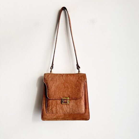 Vintage 50s 60s Mod Soft Textured Leather Brown Structured Square Shoulder bag - Picture 8 of 8